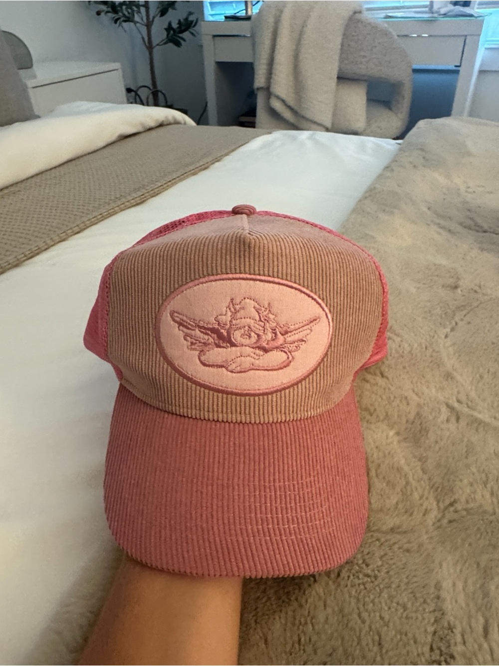 Boys Lie - Women’s Pink Corduroy Trucker Hat with Cherub Patch
